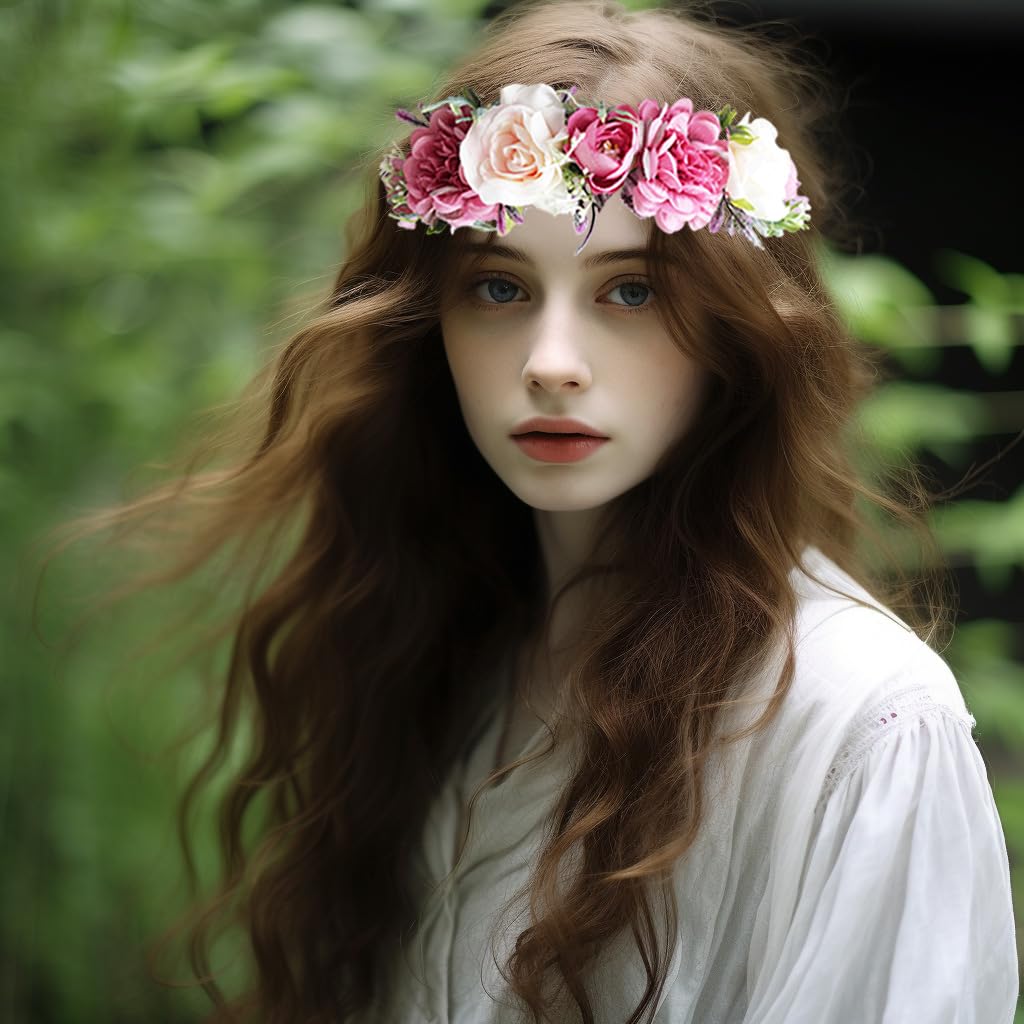 Vivivalue Fairy Floral Crown Even Headband Flower Headpiece Woodland Forest Elf Circlet for Women Halloween Renaissance Wedding Bridal Cosplay Prom Photo Props Pink