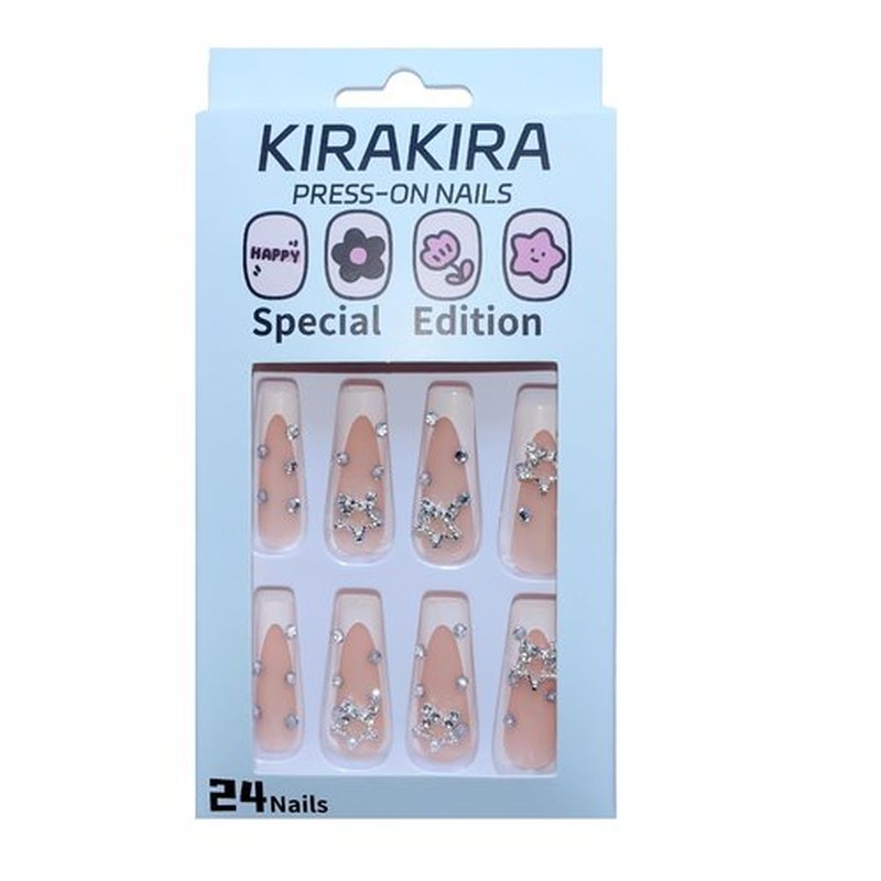 KIRAKIRA Pink Coffin Press On Nails with Chocolate Decorative Design and Flash Diamond Long Fake Nails Full Cover Stick On Nails for Women and Girls 24Pcs (baby pink, medium)