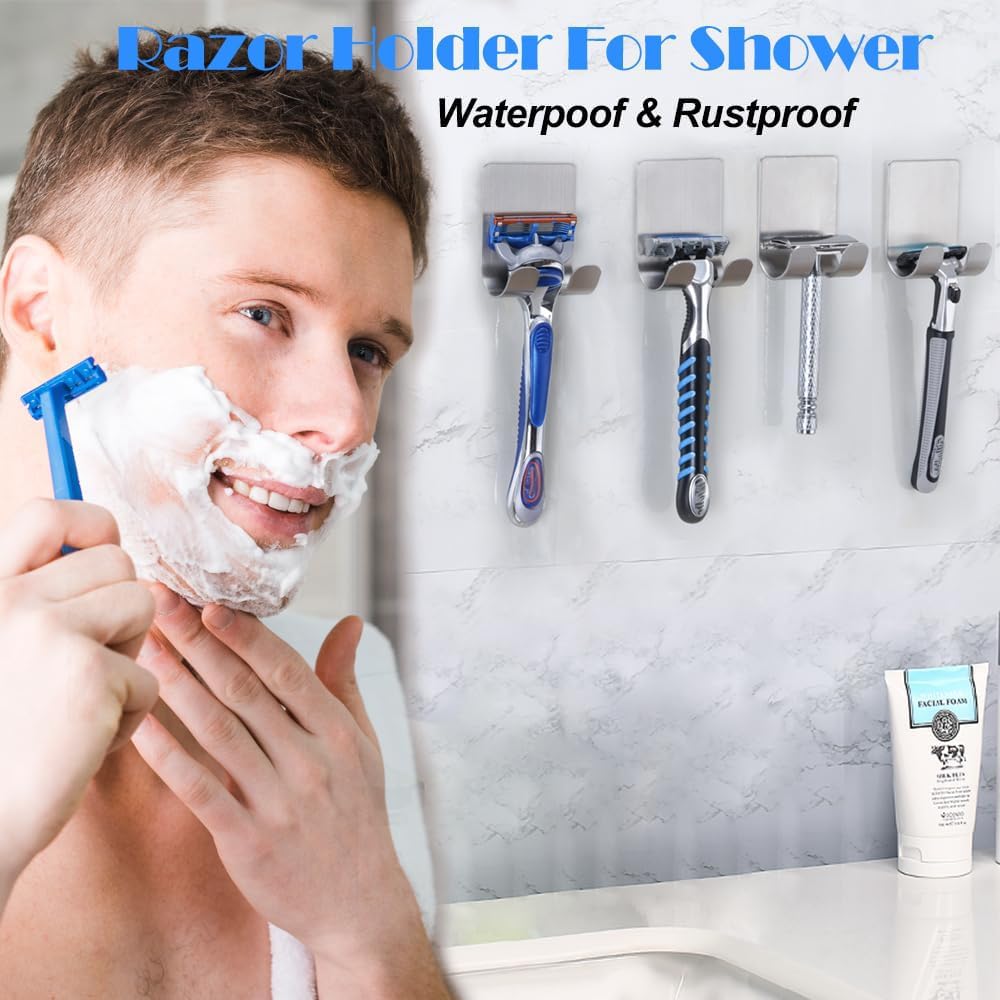 Fotosnow Razor Holder for Shower Shaver Hook Hanger Stand Self Adhesive Stainless Steel Utility Storage Hook Shower Hook for Razor,Bathroom Kitchen Organizer-4 Packs