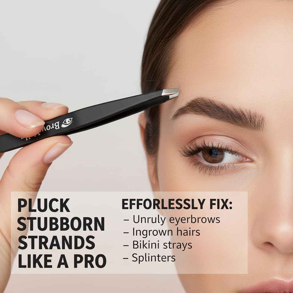 BrowVella Precision Slant Tip Tweezers for Eyebrows - Black