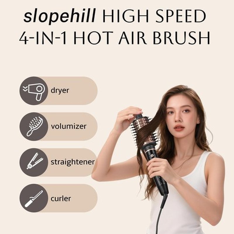 slopehill High Speed Hair Blow Dryer Brush, 6X Ultra-Fast Drying All in One Ionic Hot Air Brush Adds Shine, Volume & Fullness for Smooth, Frizz-Free & Blowout Styles, 8 Modes 60mm & 75mm Brushes