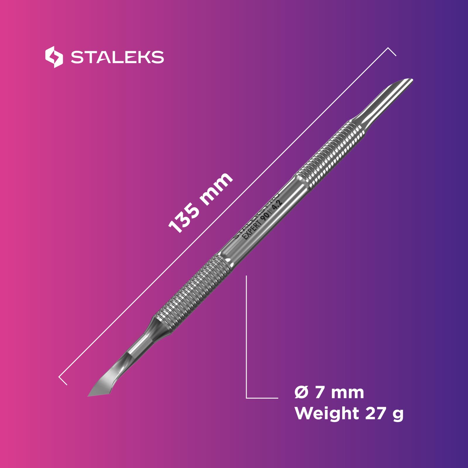 Staleks Pro Manicure Pusher EXPERT 90 Type 4.2 – Beveled & Bent Blade – Stainless Steel– Non-Slip Handle