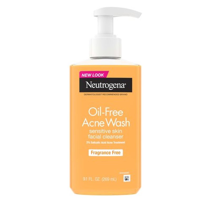 Neutrogena Oil-Free Acne Face Wash, Fragrance Free, Sensitive Skin Facial Cleanser with 2% Salicylic Acid Acne Treatment for Face, 9.1 Fl Oz
