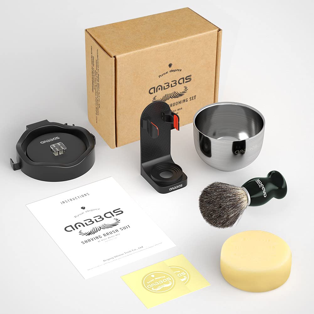 Anbbas Pure Badger Hair Shaving Brush and Bowl with Black ABS Wall Mounted Holder Stands for Lathering Bowl and Brush,3.5 oz Shaving Soap Refill,5in1 Set for Men Wet Shave