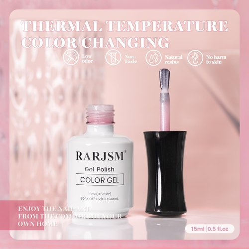 RARJSM Color Changing Gel Nail Polish Nude Silver Glitter Milky White to Pink Thermal Mood Temperature Change Ombre Gradient Shimmer Gelpolish Soak off for Nail Art Manicure DIY Salon at Home 15ML