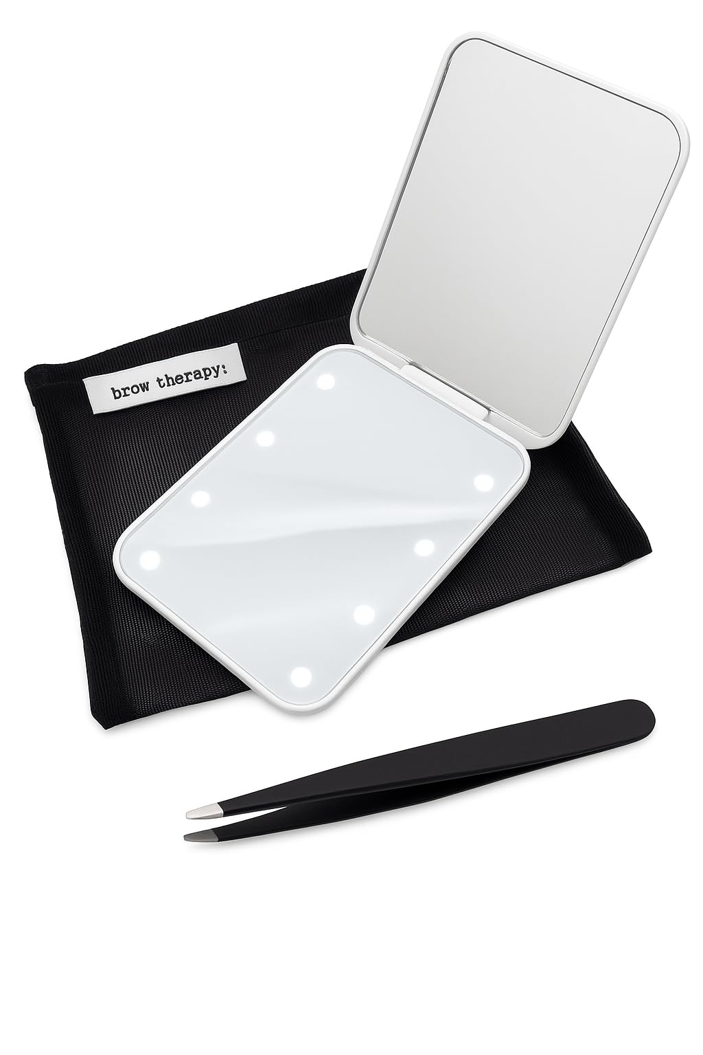 Brow Therapy LED Lighted Compact Mirror & Tweezer Set – 1x/3x Magnification, Battery Operated, Bright Light – Stainless Steel Slant Tip Tweezer with Travel-Size 4x5 Mesh Zipper Bag