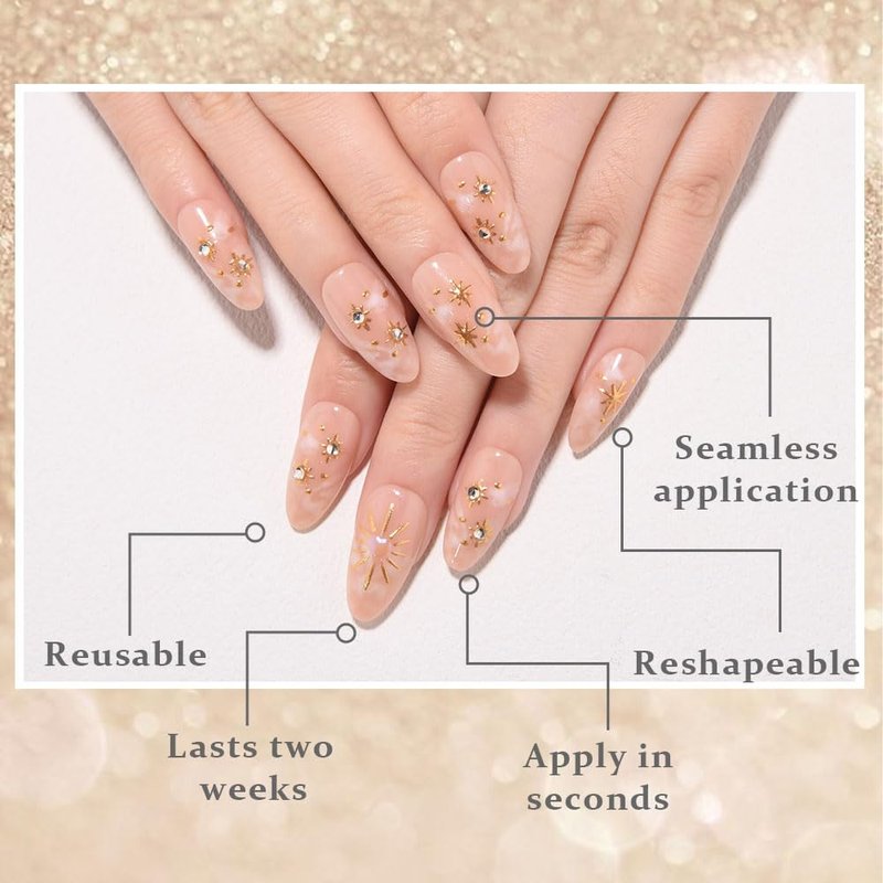 XZMeiLun 3D Boho Stars Gold Press On Nails Almond Medium 30Pcs, Heart Charms Design Reusable Acrylic Nails Press Ons, Fake Nails With Cute Celestial Glue On Nail, Daily Wear False Nail For Women