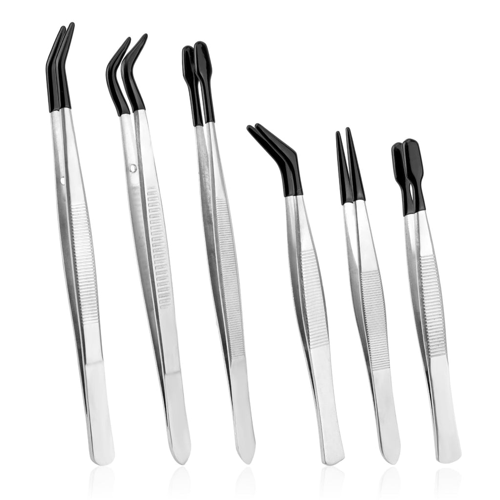 6pcs Rubber Tip Tweezers, Long Tweezers Bent Pointed Tipped Hobby Tweezer for Crafts Jewelry Making Plastic Silicone Sticker Seed Stamp Collecting Entomology Mosaic Ear Nail Supplies