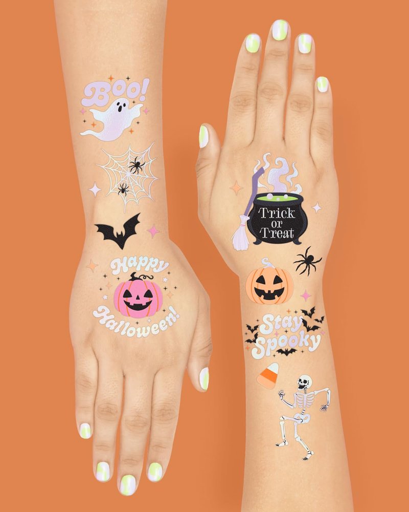 xo, Fetti Halloween Temporary Tattoos - 50 Iridescent Styles | Spooky Decorations, Kids Party Accessory, Haunted House Theme Favor, Trick or Treating Gift