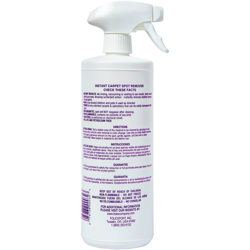 FOLEX Instant Carpet Spot Remover 32 oz – Powerful Stain Remover for Carpets, Upholstery & Rugs – Eliminates Pet Stains, Grease, Red Wine, Food, Makeup & More – With Reusable Cleaning Cloth - 1 Pack