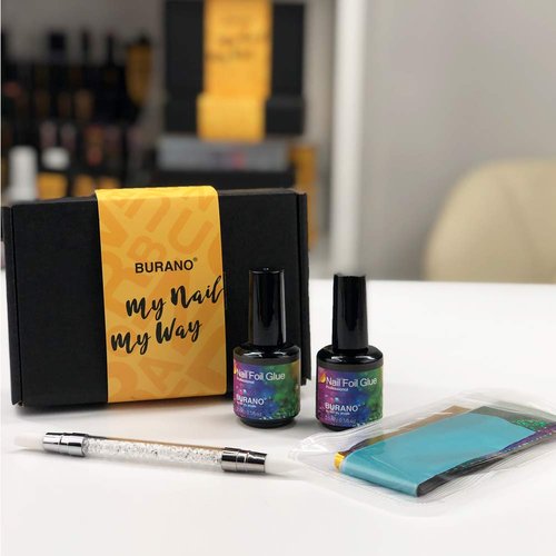 BURANO Nail Foil Glue Gel, with 40PCS Foil Sticker 15ML 2 Bottles Foil Gel, Nail Foils Nail Art Gel Nails Foil with Pen Designer Adhesive Transfer Nails Foil