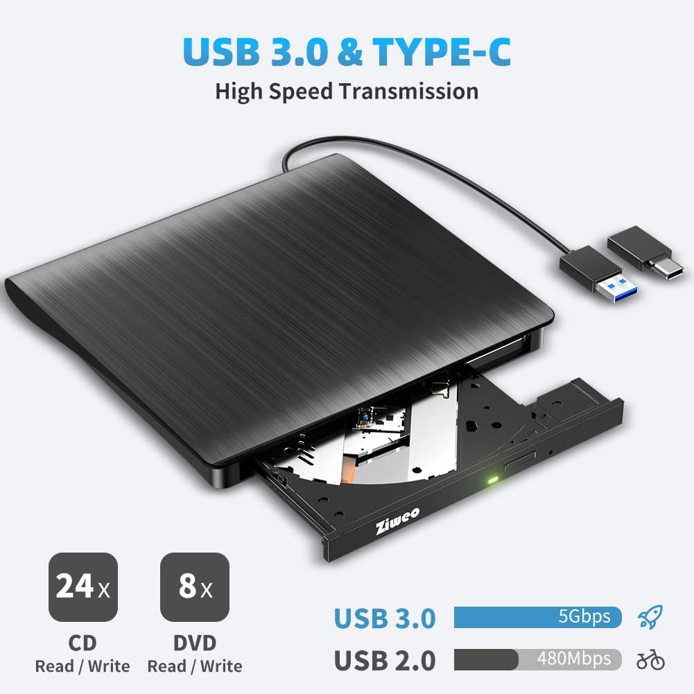 External USB 3.0 Type-C CD DVD +/-RW Drive - Portable CD ROM Reader & DVD Burner with Protective Carrying Case for Laptop/Desktop PC/Mac/Windows/Linux