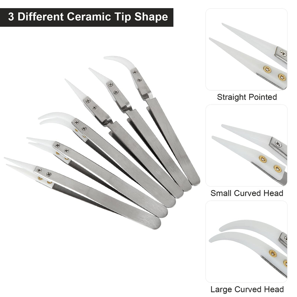 6 Pcs Precision Ceramic Reverse Solder Tweezers, Non-Conductive, Anti-Magnetic Pointed & Curved Tips Tweezers Set, Cross Lock Fiber Grip Soldering Tool, Heat-resistant Electronics Tweezers