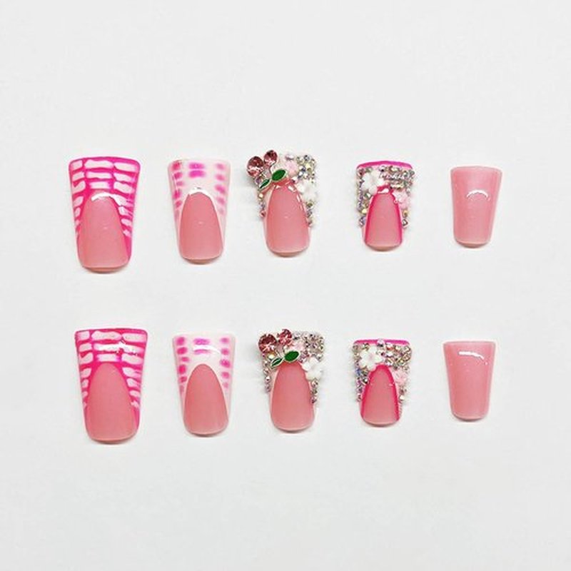 Pink Long French Press on Nails, Acrylic Fake Nails Press ons Artificial Full Cover Coffin Drill False Nails Natural Presson on Nail 24 Pcs Square Stick on Nails for Women