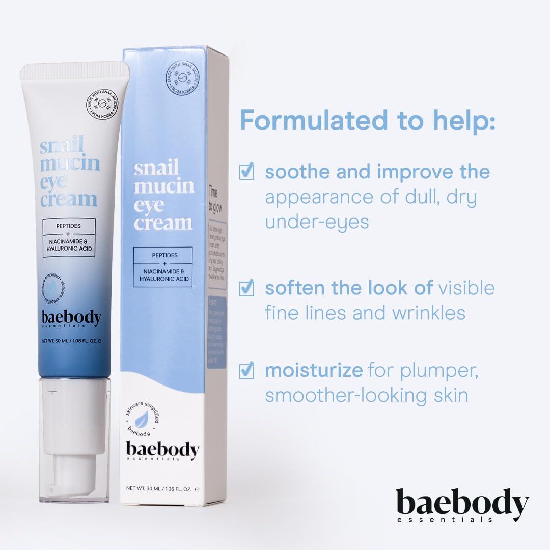 Baebody Snail Mucin Eye Cream (30 ml/1.06 fl oz) - Anti-Aging Korean Eye Cream for Dark Circles and Dry Skin - Snail Mucin Serum with Peptides and Hyaluronic Acid