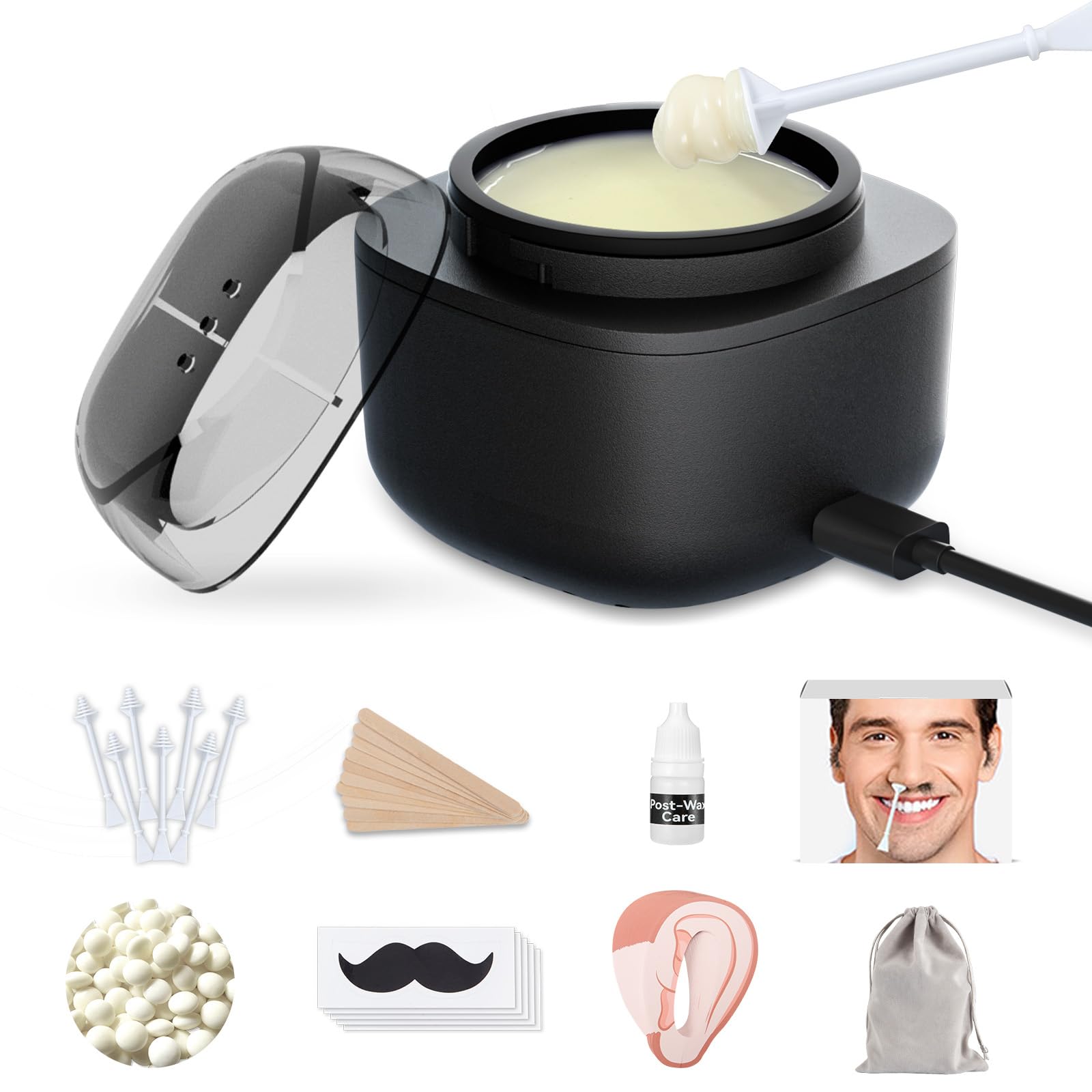 SUERBEATY Nose and Ear Hair Wax Kit for Men 100g Wax 40 Sticks USB Heating Smart Temp Control Upgraded Size Multi-Accessories Dark Gray