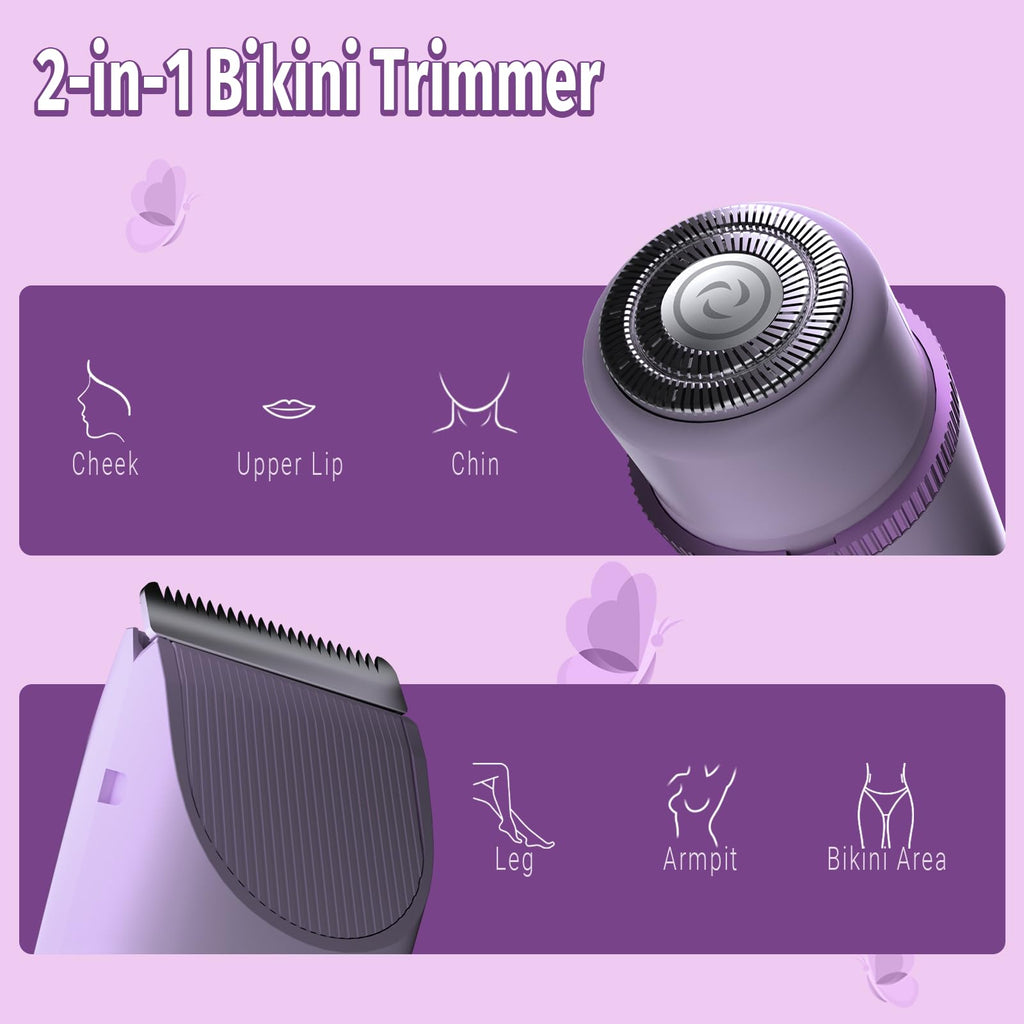 Bikini Trimmer for Women, 2 in 1 Electric Shaver for Women, Rechargeable Electric Razor Body Hair Trimmer Wet & Dry Use, Purple