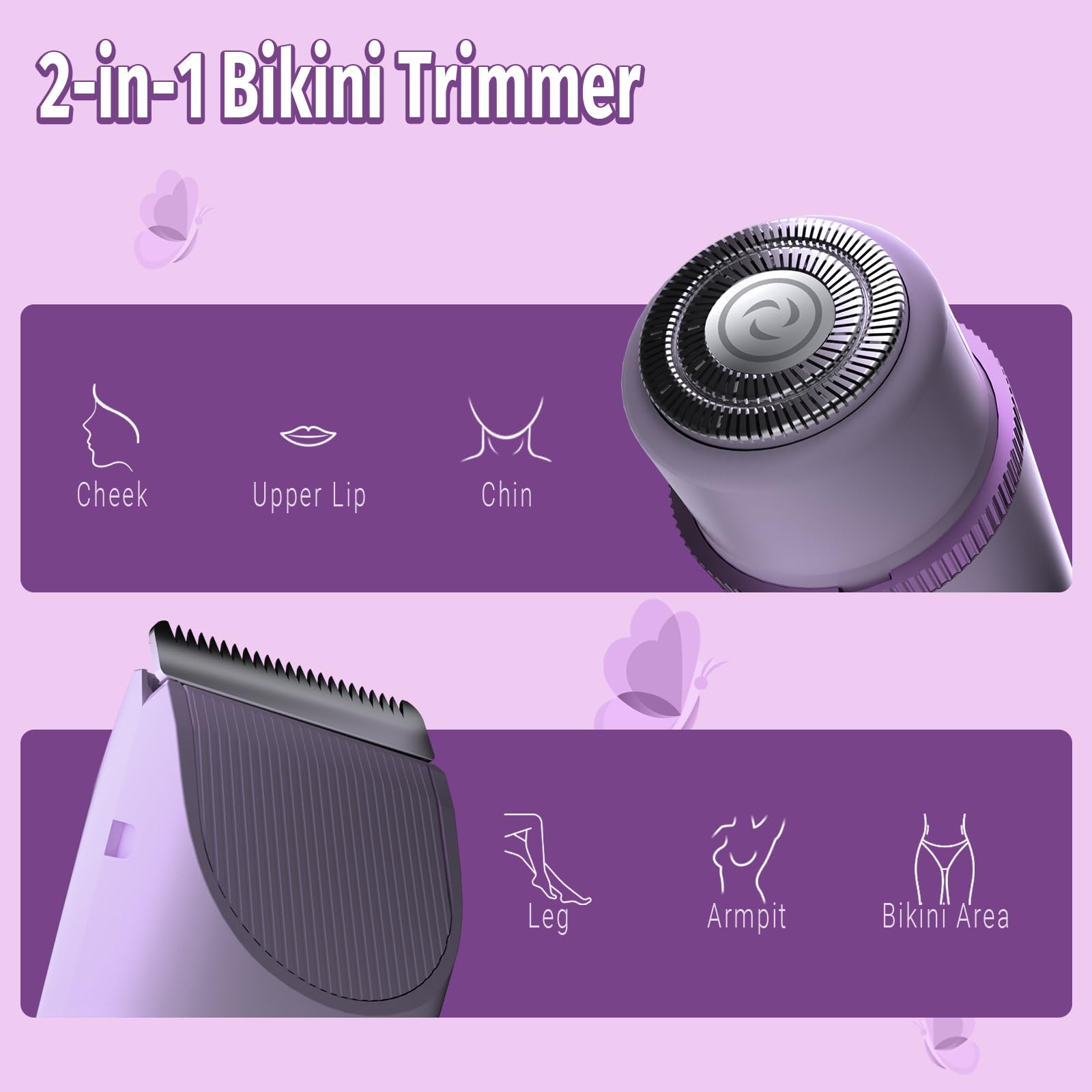 Bikini Trimmer for Women, 2 in 1 Electric Shaver for Women, Rechargeable Electric Razor Body Hair Trimmer Wet & Dry Use, Purple