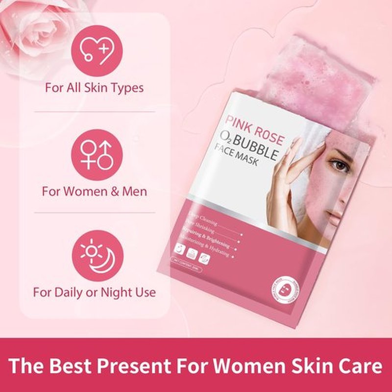 Pack of 10 Pink Rose O2 Bubble Face Masks Skincare, Spa Presents for Women, Bubble Face Sheet Mask Cleaner Foaming Purifying Facial Mask for Acne and Pores Moisturizing Beauty Sheet Masks