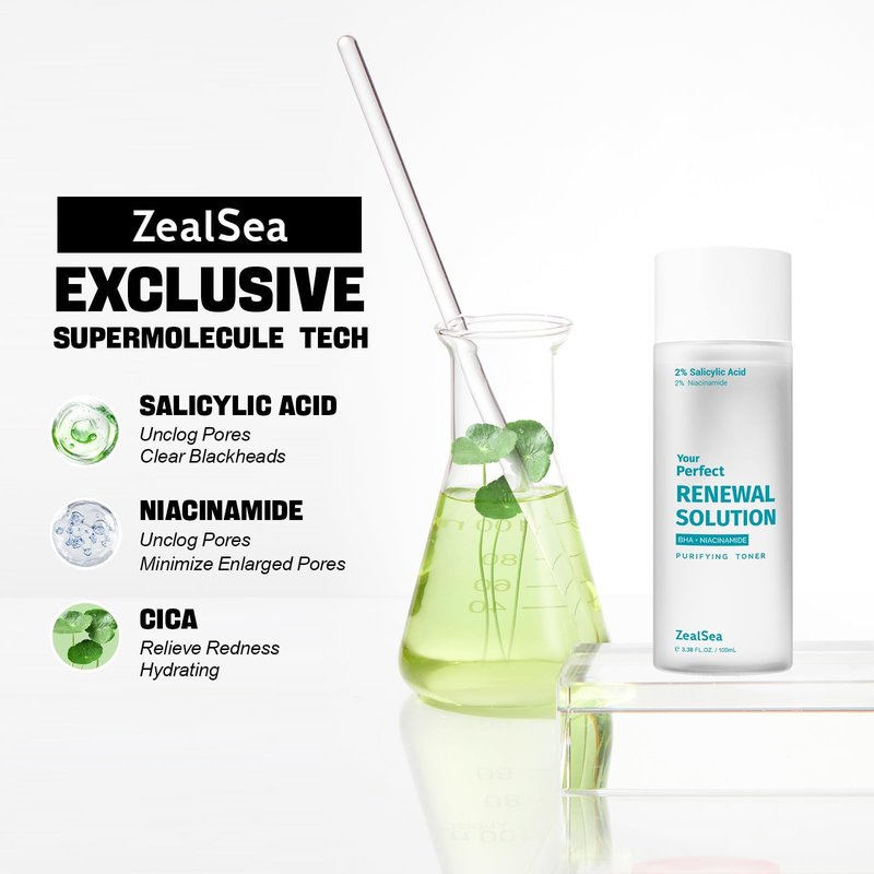ZealSea Salicylic Acid Toner, Blackhead Remover, BHA Liquid Exfoliant (CICA, 3.38OZ, Travel Size), Pore Minimizer for Face, Gentle Alcohol Free BHA Toner for All Skin with Niacinamide, Redness Relief