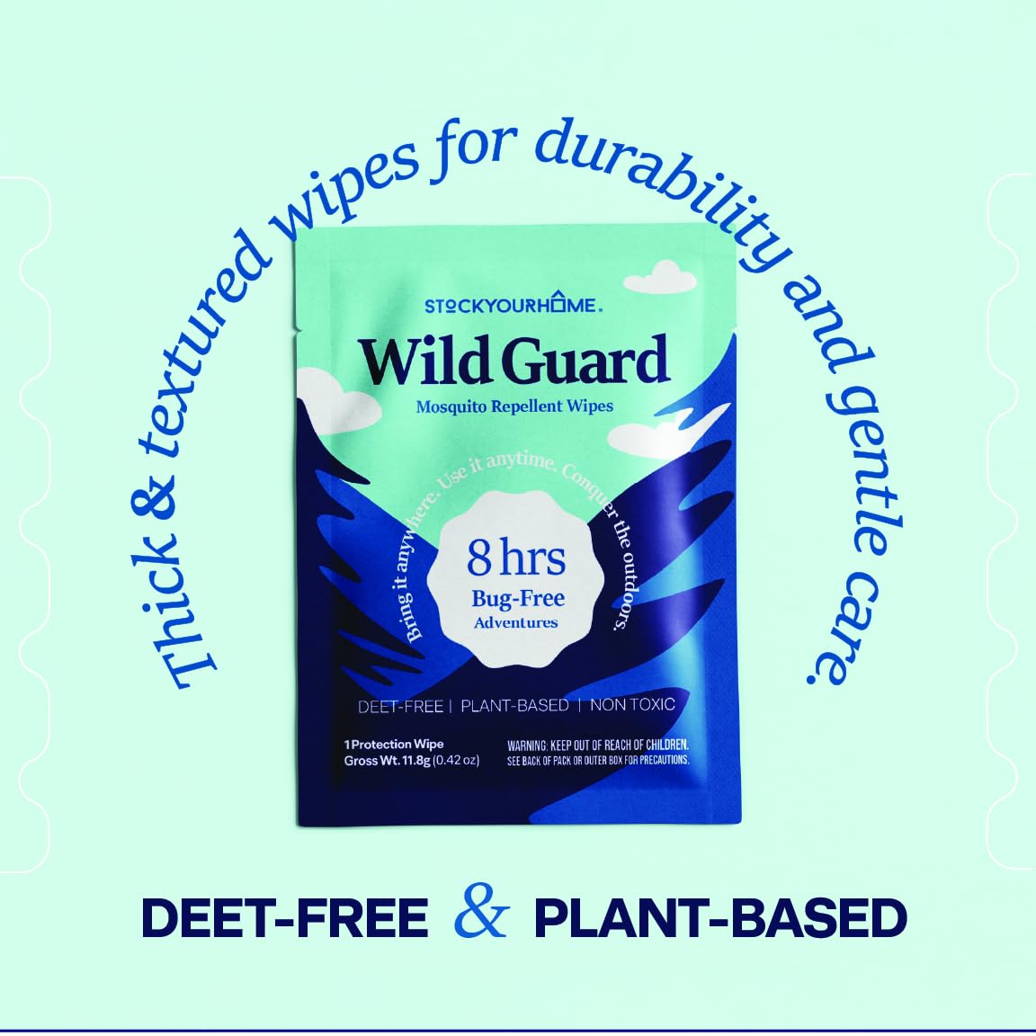 Wild Guard Mosquito Repellent Wipes (50 Pack), DEET Free Insect Repellent, Individually Wrapped Bug Wipes for Kids and Family, Travel Size for Camping, Hiking and Beach, 8 Hour Protection