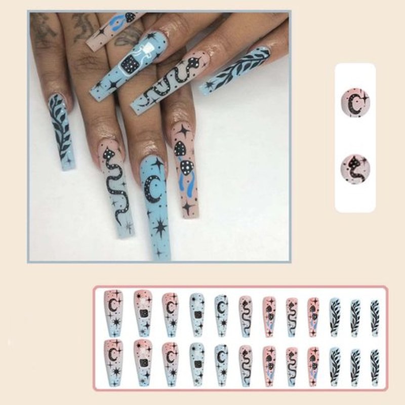 Kamize Long Press-on Snake Nails: Fake Blue Matte Graduating Full-Cover Acrylic False Nails - 24pc Set