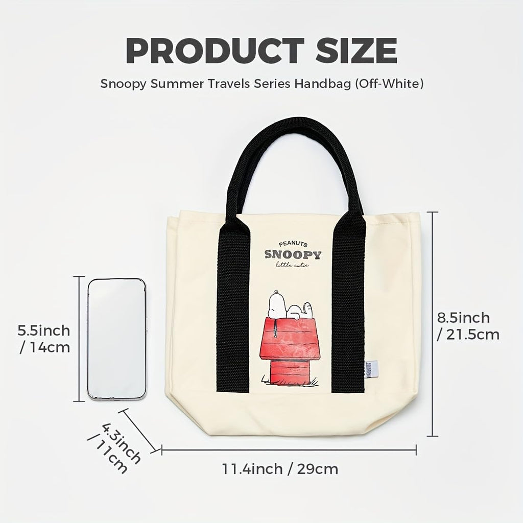 MINISO Snoopy Tote Bag,Peanuts Summer Travel Series Lightweight Canvas Handbag, 11.4" Multipurpose Use Grocery and Carry Bags for Men Women, Beige