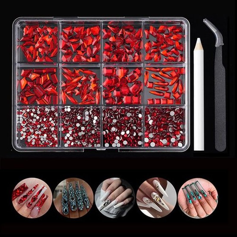 Nail Diamonds Rhinestones Flatback 12-slot box Bright red Mixed Nail Art Studs Gems with 1 Tweezer and Pen,Nail Art Charms, DIY for Phone Case, Cup, Hair Accessories. (Bright red)