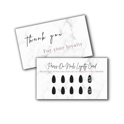 Boutique Marketing LLC Press-On Nail Loyalty Discount Cards | 50 Pack | 2x3.5 Inch inch Business Card Size | DIY Press-On Nail Kit | Marble Look with Black Nail Design,marble,black,white
