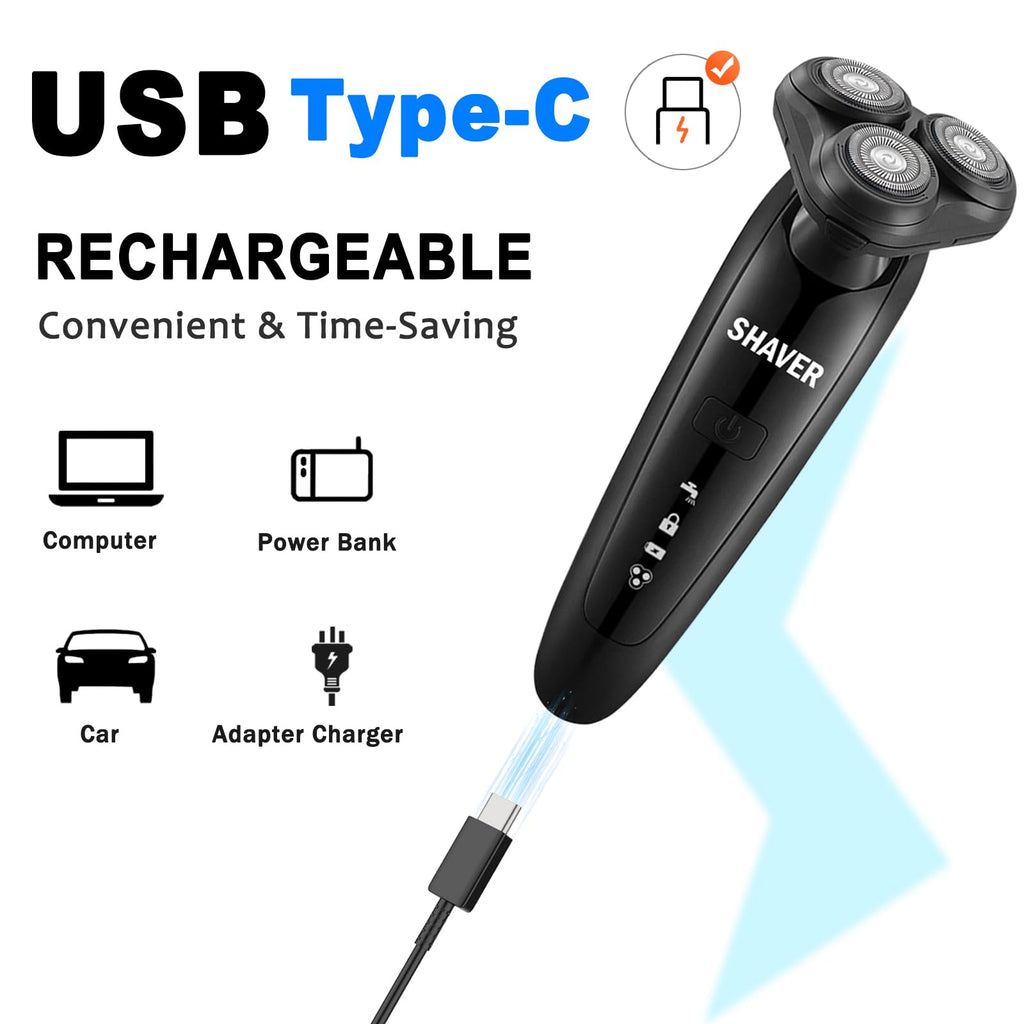 Electric Razor for Men - Rechargeable Shaver 3D Precision Blades with Pop-up Trimmer - Rotary Cordless Shavers Washable Gentle on Sensitive Skin for Beard Sideburn Face with Travel Lock Men Gift
