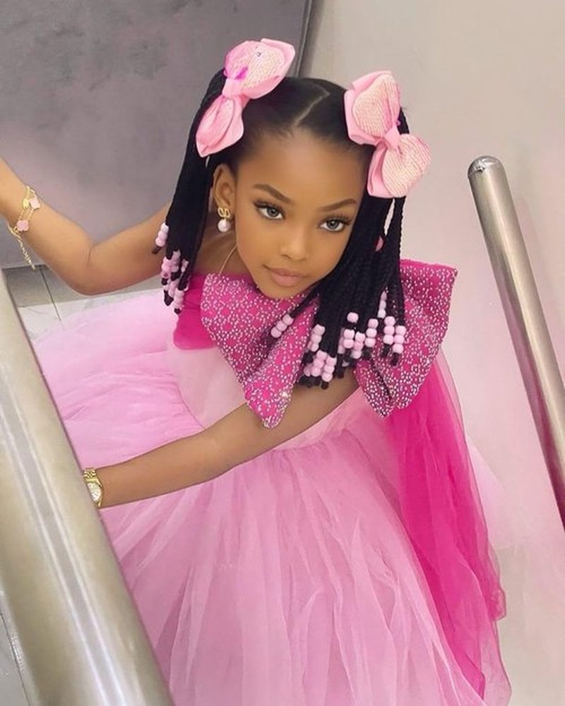 Kid's Summer Kids Ponytail Extension With Beads Box Braids Hair Extensions For Kiddie Synthetic Hairpieces With Bows Protective Easy Fashion Hairstyle For Baby Girls Toddler Gift (Pink, Box-9inch)