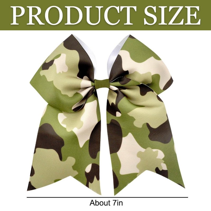 Umibow 12 Pcs Camouflage Hair Bow Ties 7 Inch Camo Cheer Hair Bow Elastic Ponytail Holder Military Camo Ribbon Hair Band for Veterans Day Retirement Party(Army Green)