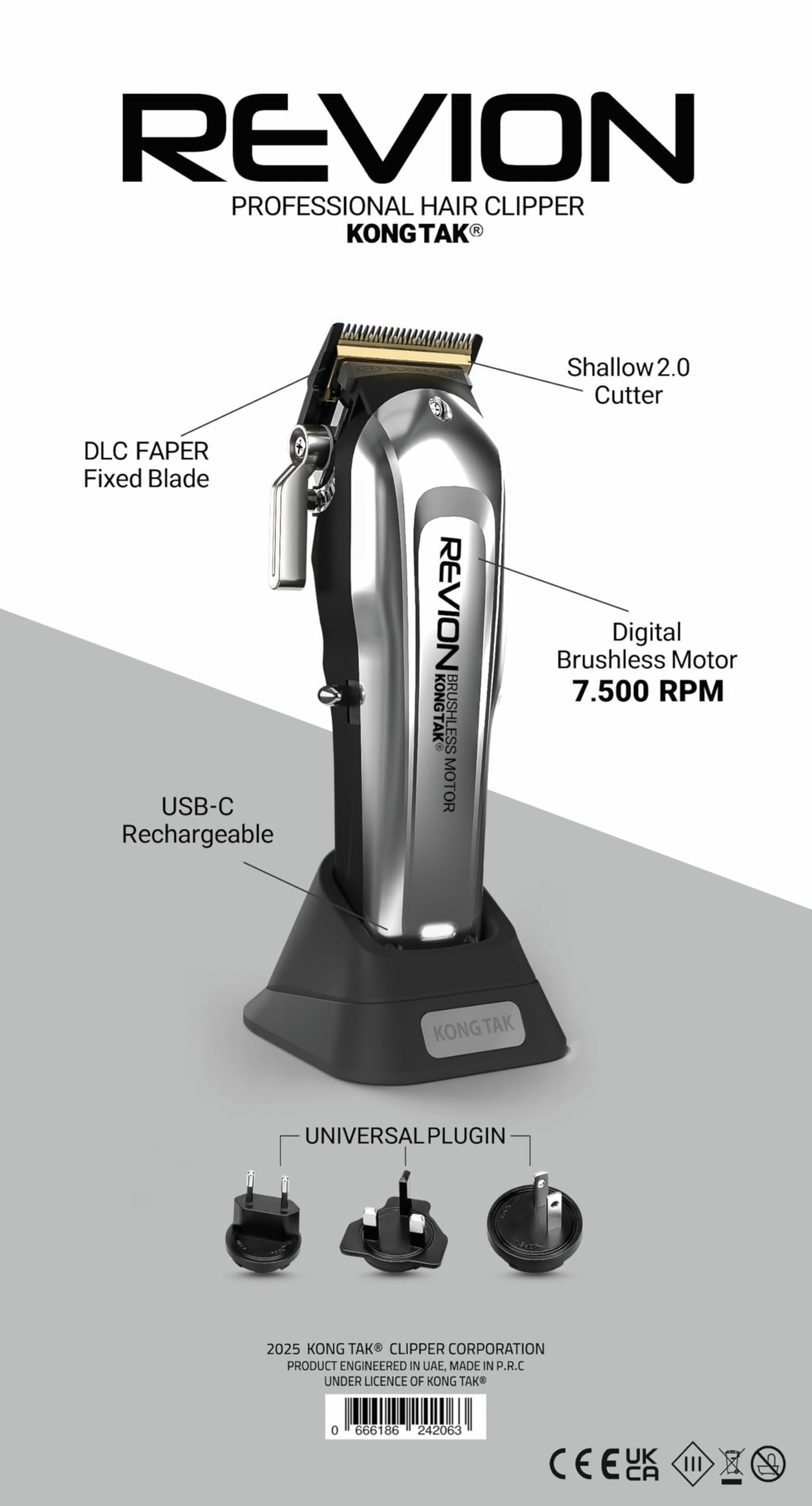 KONG TAK REVION Professional Hair Clipper with Digital Brushless Motor and FAPER DLC Blade