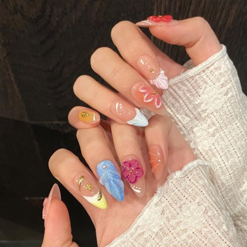 Amofatia Press on Nails Almond - Handmade Manicure Custom Art Reusable False Nails 10pcs with Solid Nail Glue&Nail Adhesive Tabs (677-S)