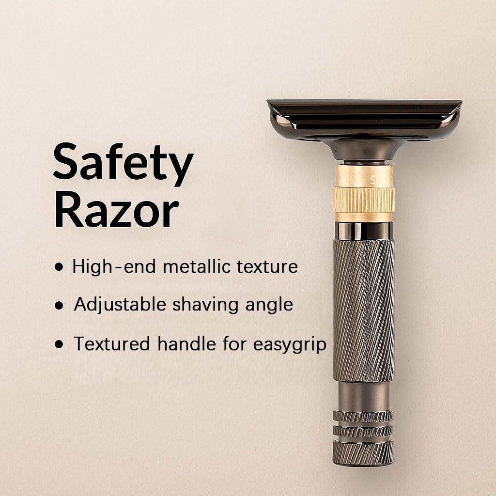 Luxurious and beautifully adjustable double-edged safety razor with 10 platinum-plated stainless steel razor blades, reusable razor kit, eco-friendly, smooth close shave (Glossy Black + Base)