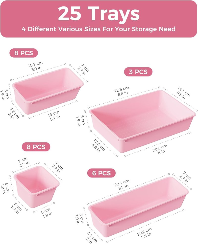BiuLeon 25 PCS Plastic Drawer Organizers Set - Versatile Vanity & Makeup Storage | Pink, 4 Sizes