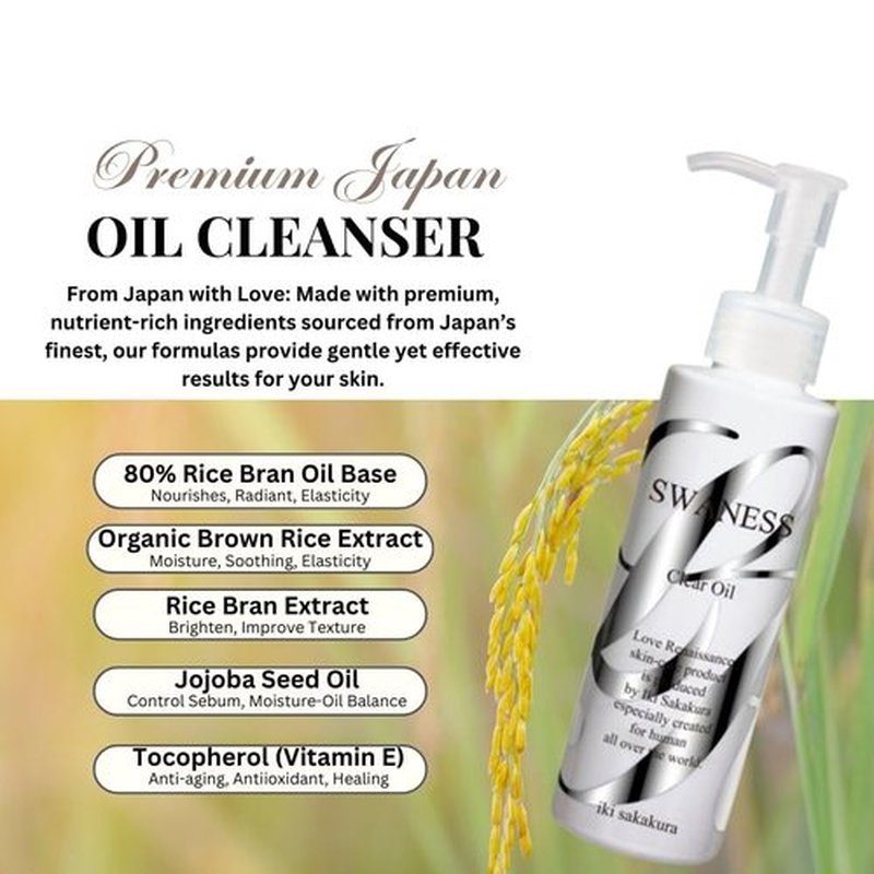 SWANESS Clear Oil Cleanser - Japanese Anti-Aging Makeup Remover with Rice Power for Radiant Skin