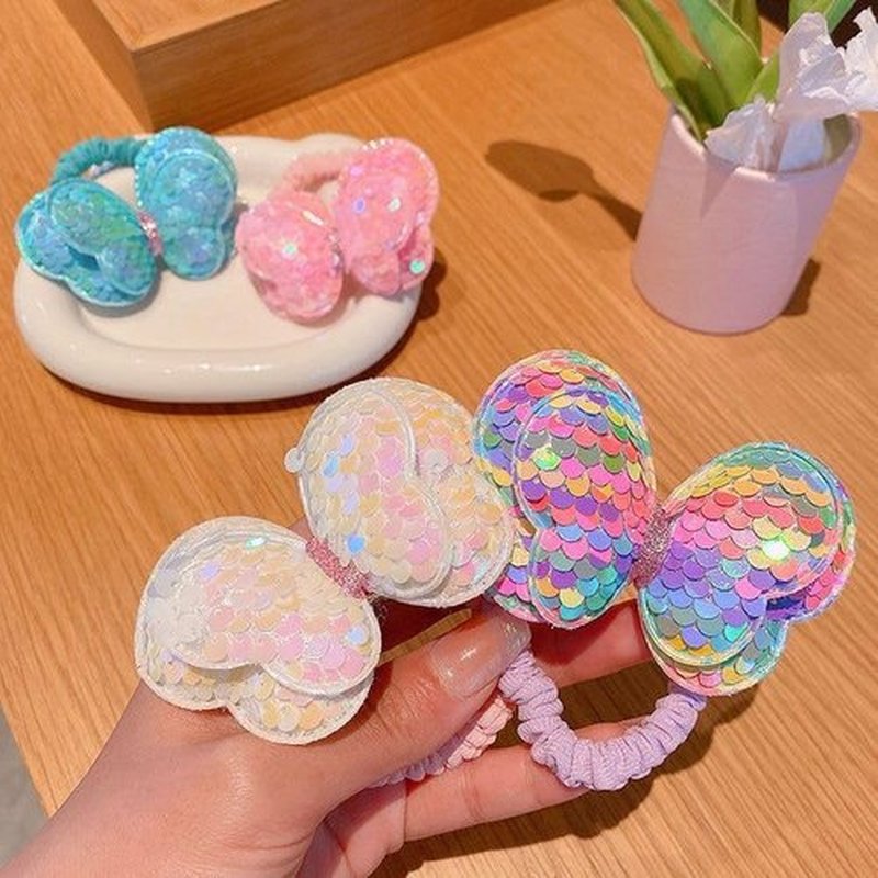 Lemeilleur 14 Pcs Sequined Butterfly Hair Ties Bow Hair Ties Elastic Rubber Bands Hair Scrunchies for Toddlers Girls Rainbow Sequin Sparkle Ponytail Holders Hair Accessories