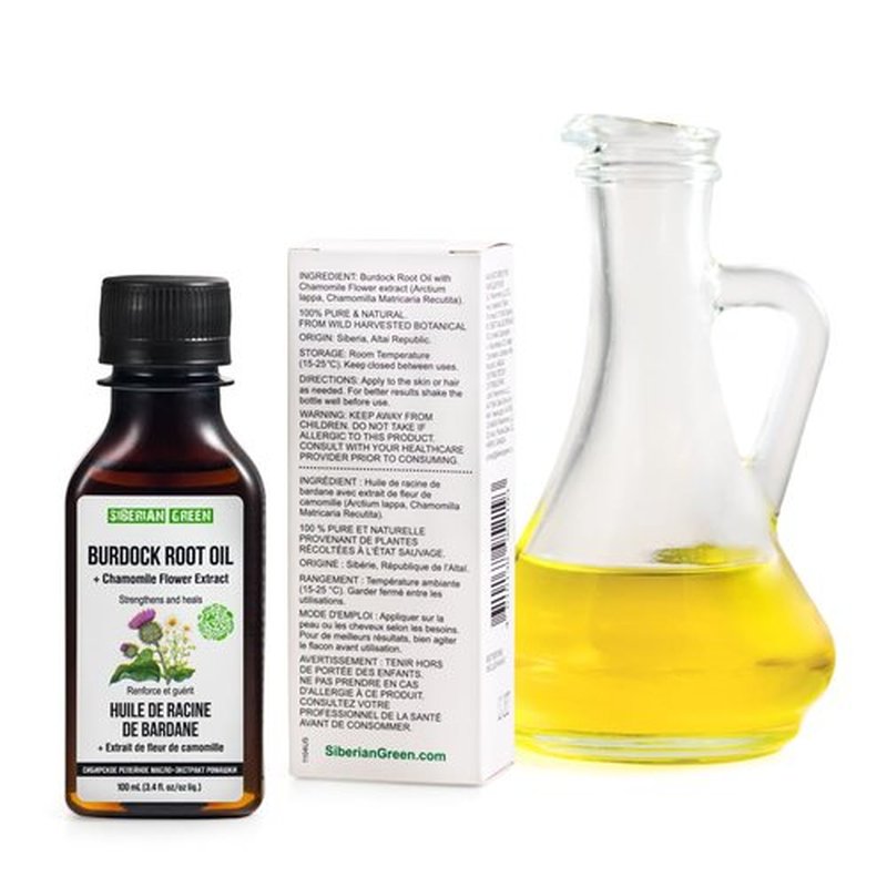 Siberian Green Burdock Oil with Chamomile Extract – 100ml Burdock Root Oil for Hair Growth, Hair Thinning and Loss – Pure and Natural Siberian Herbs – Strengthening and Healing Hair Care