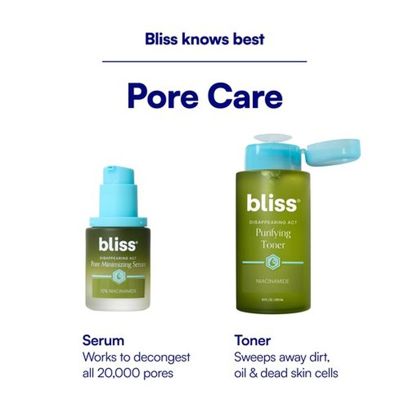Bliss Disappearing Act Pore-Minimizing Serum – Niacinamide + Pore Vanish Complex with Green Tea – Refines Pores, Controls Oil & Targets Dark Spots for Smooth Glass Skin – 1 Fl Oz
