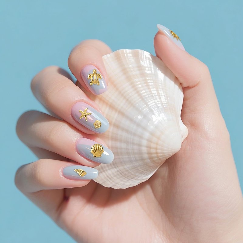 Winsyison 2 Disc Ocean Nail Art Charms, 3D Metal Nails Stickers, Beach Starfish Seashell Decals Manicure DIY Embellishments for Women- Gold