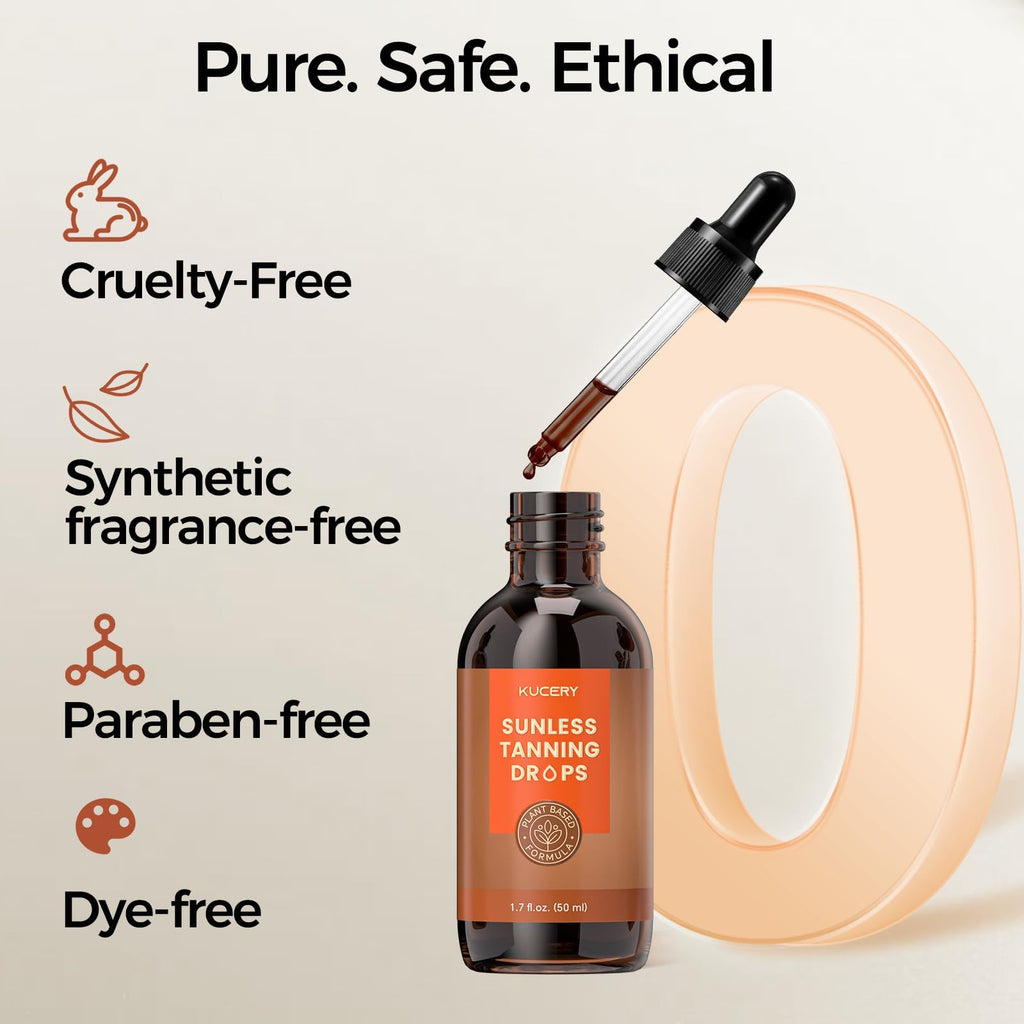 KUCERY Plant-Based Sunless Tanning Drops for Face & Body | Customizable Streak-Free Bronzing Serum with Natural Botanical Ingredients, Buildable Self-Tan Glow, 1.7 fl oz