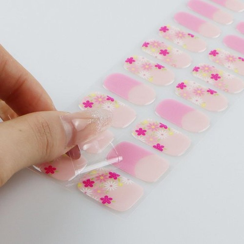 JMEOWIO Gel Nail Stickers Pink Flower French Tip Semi Cured Gel Nail Strips Wraps UV/LED Nails Art Design Decoration Accessories
