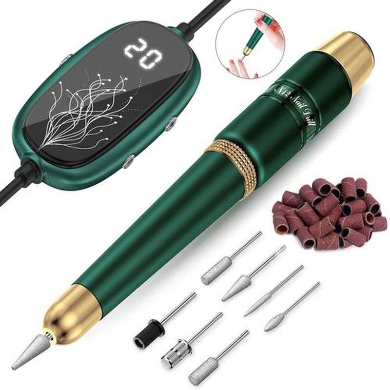 Gefaxi Electric Nail Drill, Portable Electric Nail File Professional 20000rpm Manicure Pedicure Efile Machine with Sanding Bands & Nail Drill Bits for Acrylic, Gel Nails, Home & Salon, Green