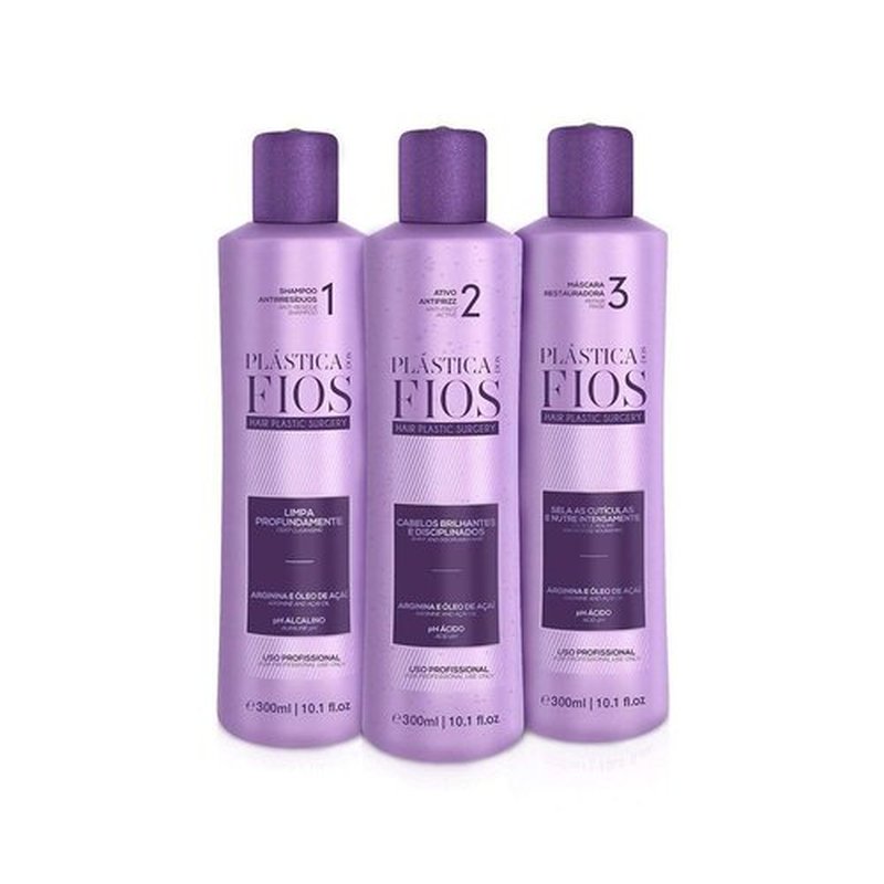 Plastica Dos Fios - Brazilian Keratin Hair Smoothing System | Anti-Residue Shampoo & Repair Mask Set (3x300 ML)