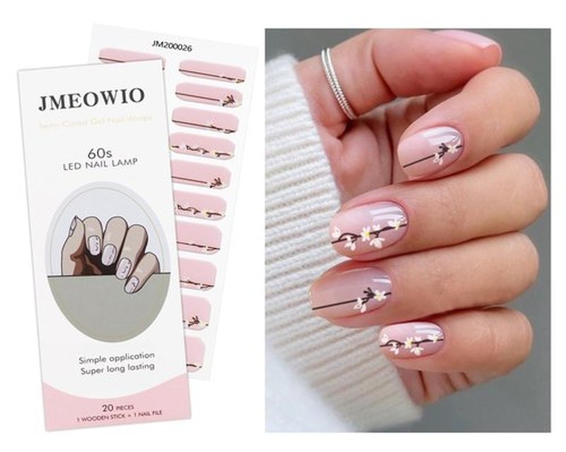 JMEOWIO Gel Nail Stickers White Flower Semi Cured Gel Nail Strips Wraps UV/LED Nails Art Design Decoration Accessories