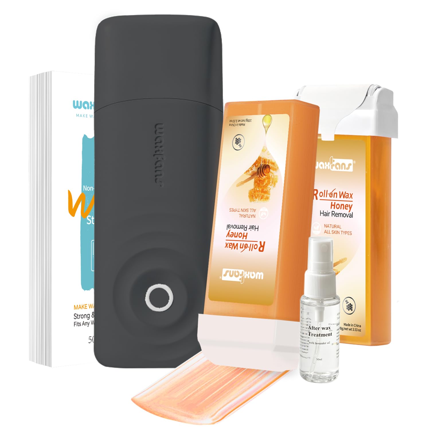 Waxing Kit for Women & Men, Waxfans Honey Roll On Wax Kit for Hair Removal at Home, with 1 Wax Cartridge & 50 waxing Strips, Lasts 4-6 Weeks, All Skin Types.