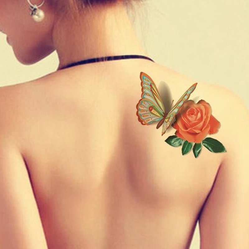 TAFLY（TM） 5 Sheets Waterproof 3d Blue Butterfly Rose Flower Sticker Tattoo Foil Decal Fashion Body Art Fake Tattoo