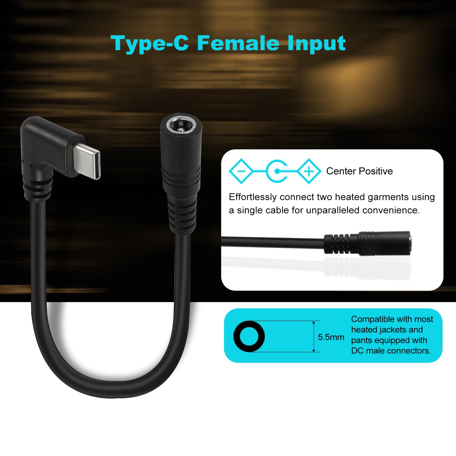 Smarkey 12V Heated Jacket Battery Step-Up Adapter Charger Cable Compatible with Milwaukee, M12, Makita, Snapon, Metabo, Craftsman, AEG Gear (TypeC Stepup 12V 15cm Cable)