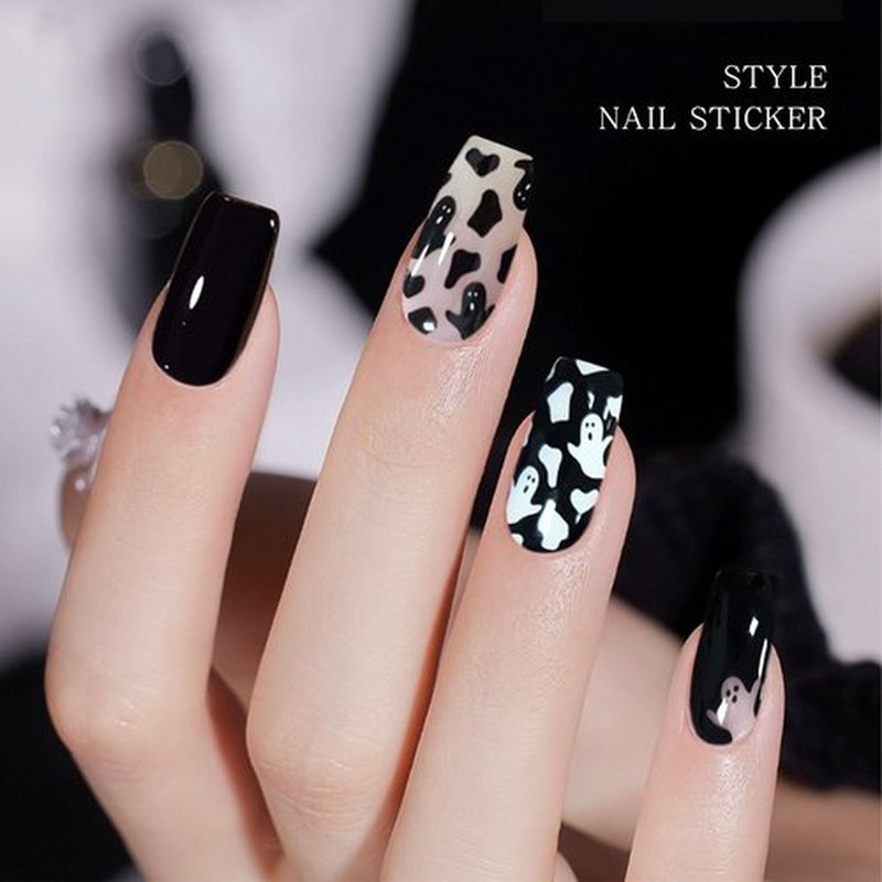JMEOWIO Gel Nail Stickers Halloween Black White Cute Ghost Semi Cured Gel Nail Strips Wraps UV/LED Nails Art Design Decoration Accessories